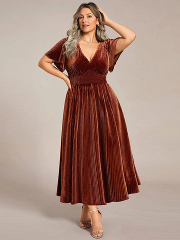 VEDRESS rust ribbed velvet deep v‑neck flutter short sleeve smocked waist plus‑size mother of the bride dress front view