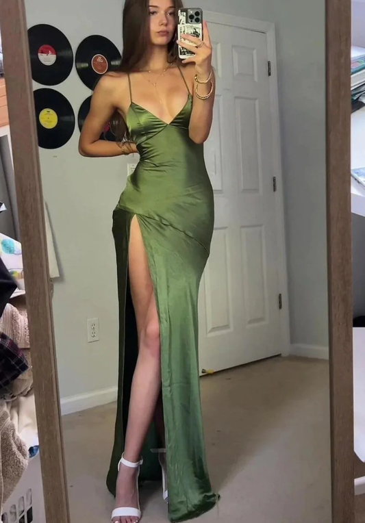 Simple Sheath Spaghetti Straps Charmeuse Green Open Back Long Prom Dresses Party Dress with Split Front