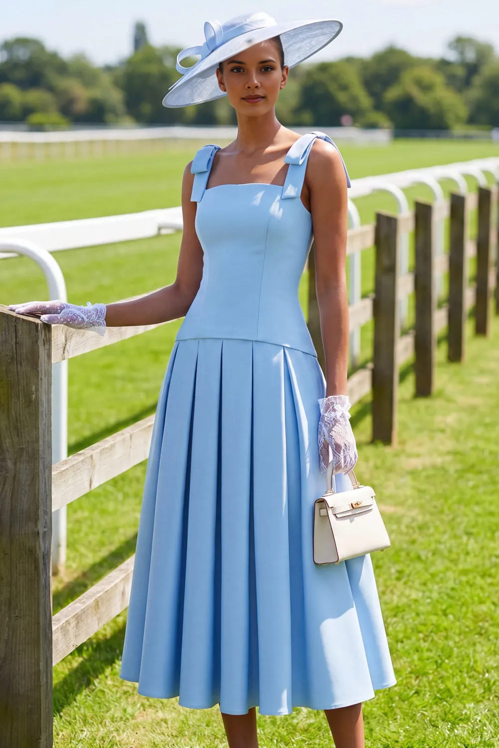 Bow Strap Square Neck Pleated Midi A-Line Formal Tea Length Race Day Dress