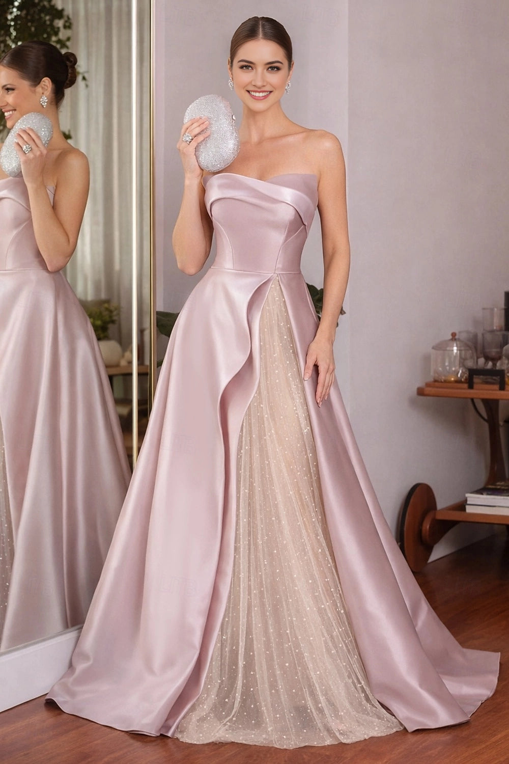 Vedress dusty pink satin sweetheart strapless sparkle tulle maxi prom dress front indoor view