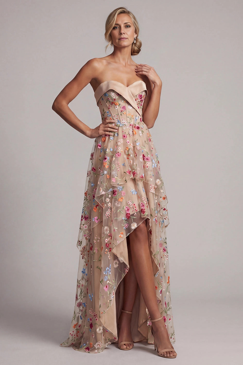 Vedress nude tulle 3D floral embroidered strapless corset high low maxi wedding guest dress front view
