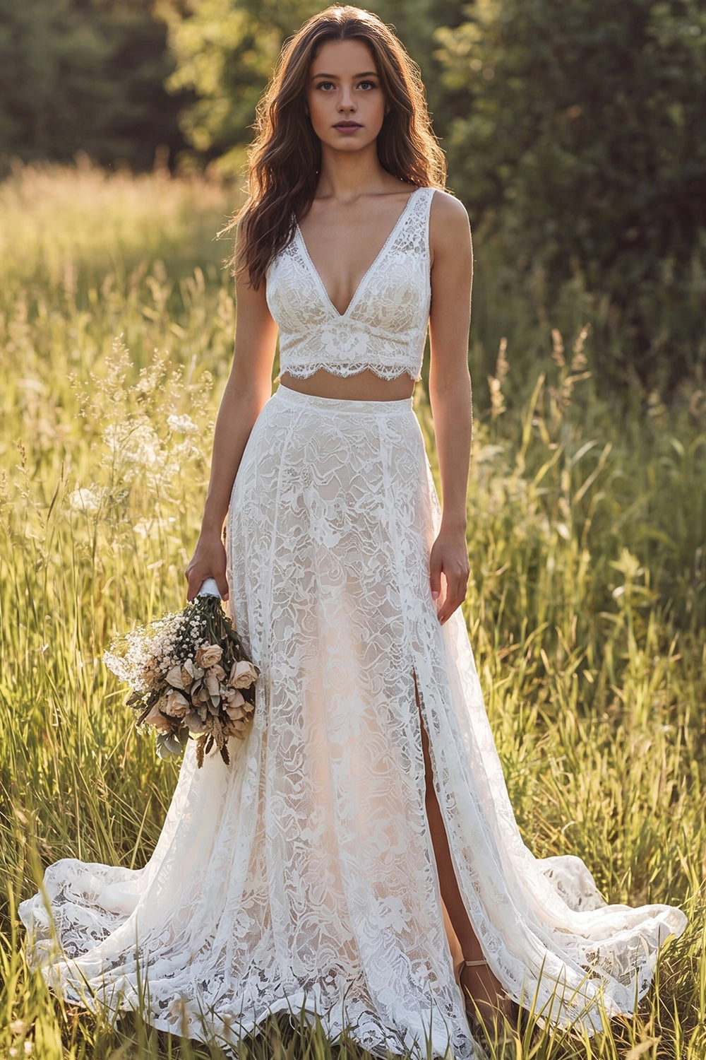 Vedress two piece lace boho wedding dress deep v sleeveless high slit meadow bridal gown