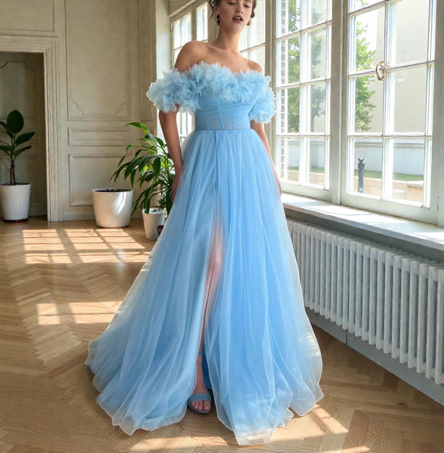 Off-the-Shoulder Tiered Ruffle Ball Gown Corset Prom Dresses Cape Evening Dress with Sheer and Side Slit