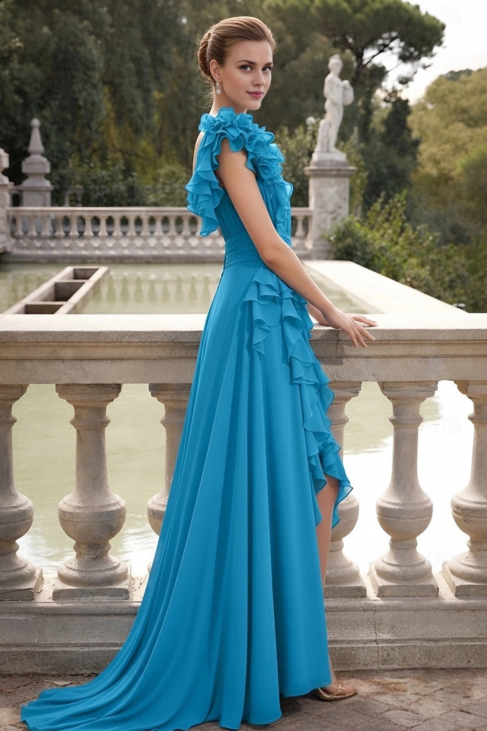 Vedress floral ruffled formal gown open back design turquoise sweep train back view