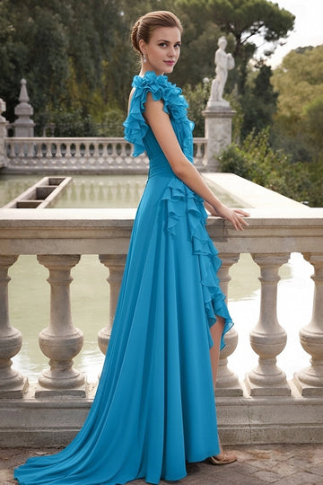 Vedress floral ruffled formal gown open back design turquoise sweep train back view