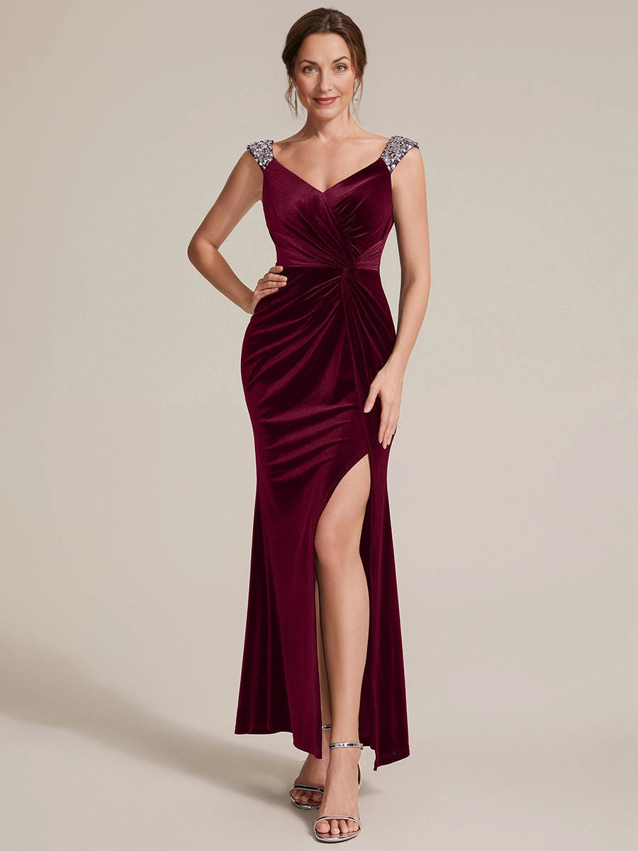 Vedress burgundy velvet sweetheart neck beaded‑strap mermaid mother of the bride dress front view with high leg slit