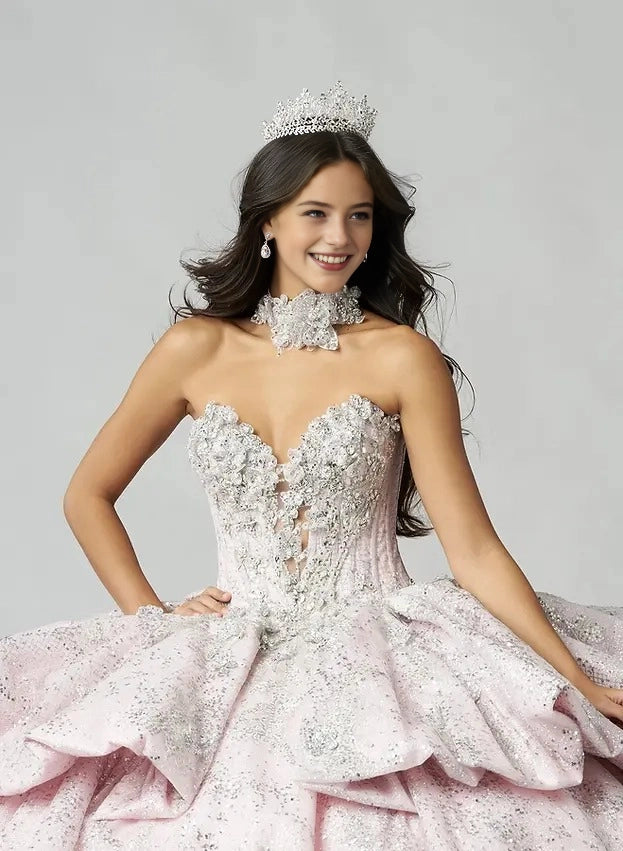 Sequined Ball Gown Sweetheart Off Shoulder Puff Sleeve Corset Train Quinceañera Dress