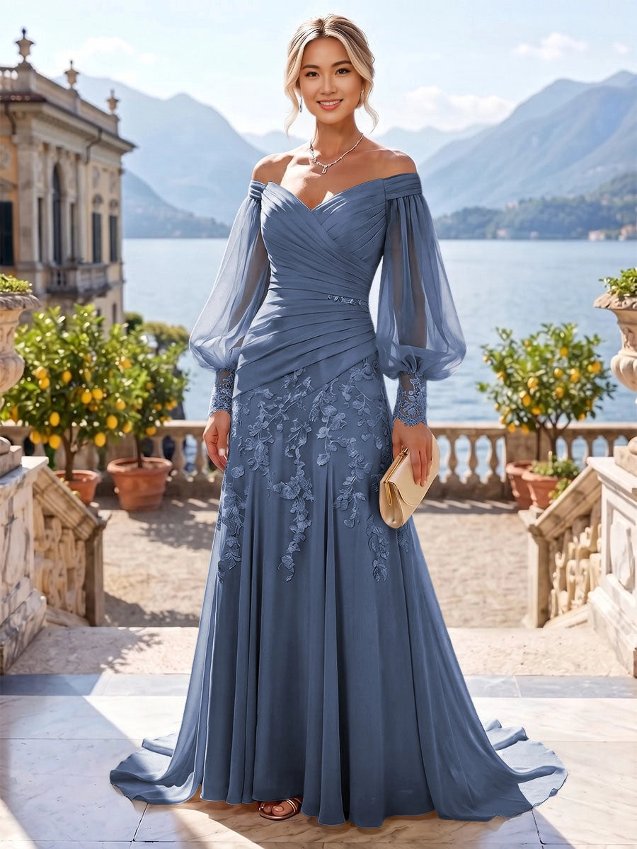 Romantic Mermaid Off-Shoulder Puff-Sleeve Zip-Back Sweep-Train Plus Size Mother of the Bride Dress