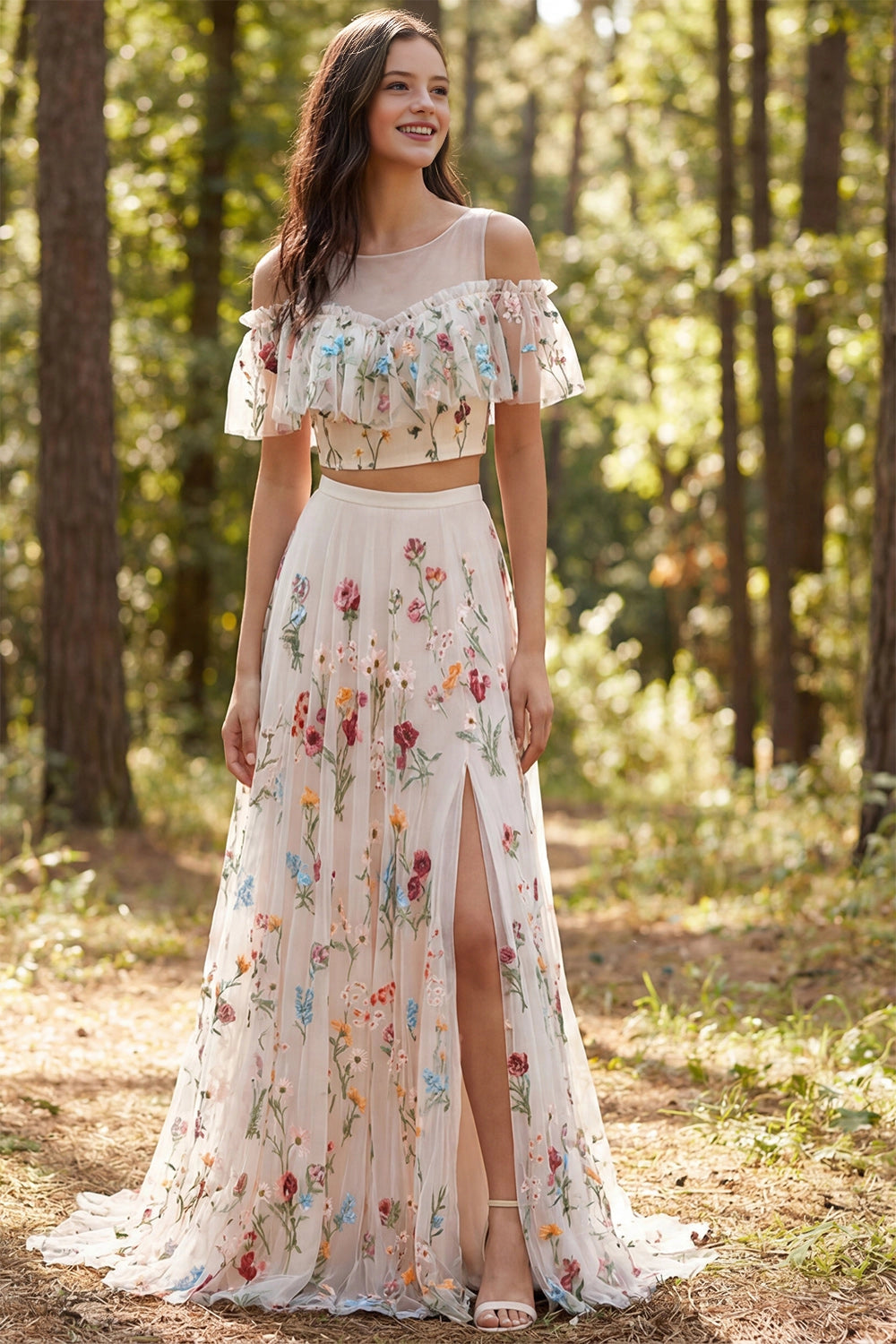 Whimsical A-line Illusion Off Shoulder Lace Up Back Slit Train Bridesmaid Dress