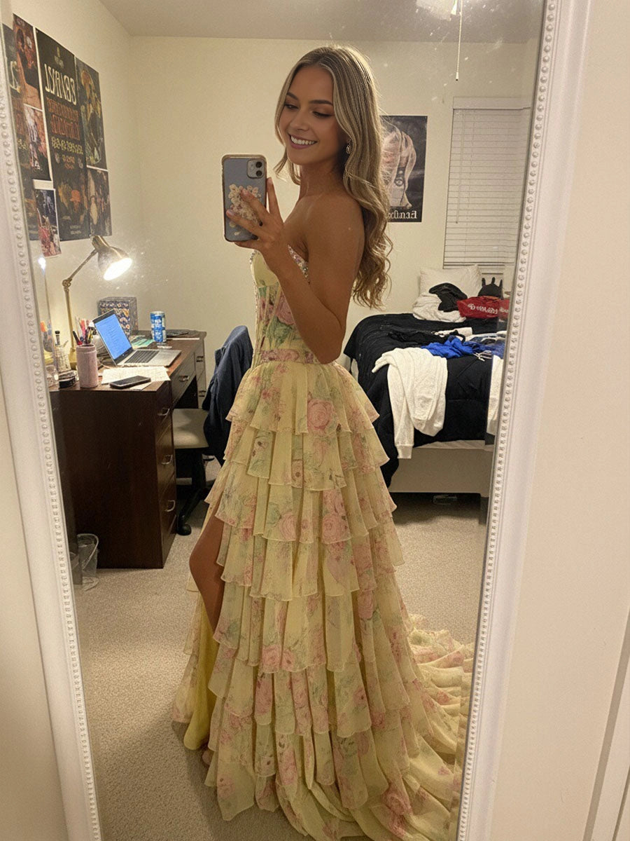 Romantic A‑Line Strapless Sleeveless Zipper‑Back Slit Floor‑Length Floral Print Prom Dress