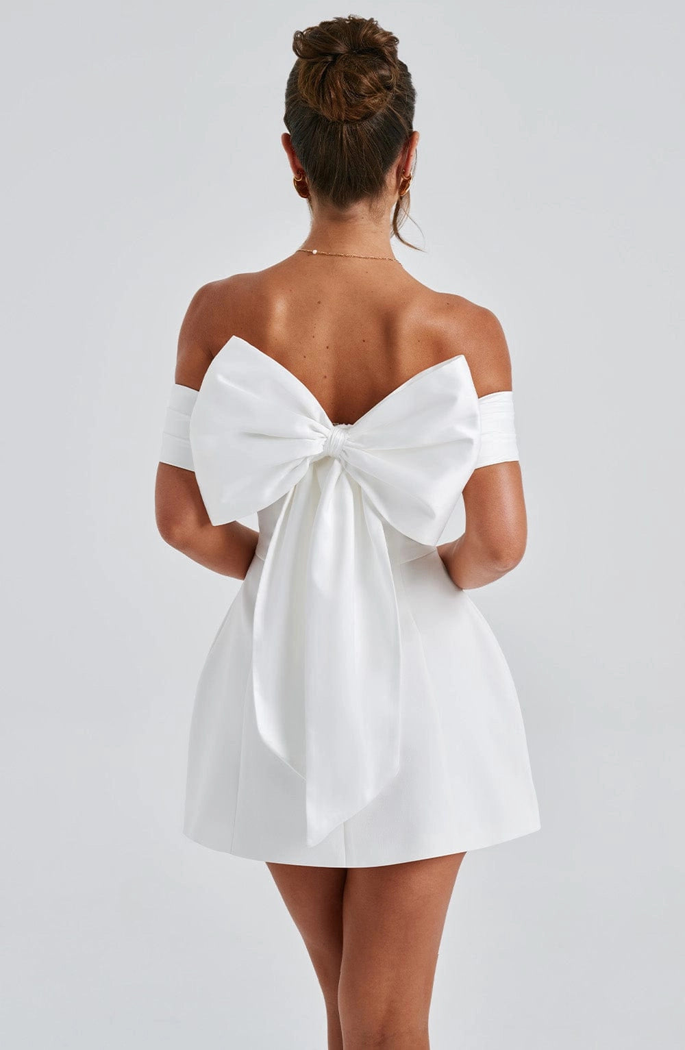 Elegant A-Line Off Shoulder Short Sleeve Big Bow Back Mini Homecoming Dress