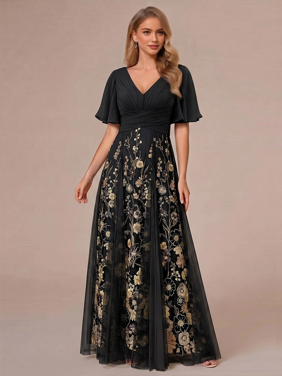Charming Dusty Pink A-Line V-Neck Flutter-Sleeve V-Back Floor-Length Mother Of The Bride Dress