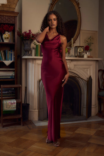 Vedress burgundy satin cowl neck sleeveless sheath prom dress full‑length front view