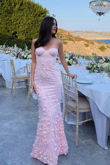 Vedress blush pink strapless corset 3D floral beaded mermaid floor‑length prom dress seaside banquet front view