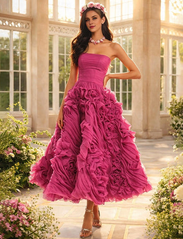 Vedress fuchsia 3d floral strapless tulle floor length a line prom gown