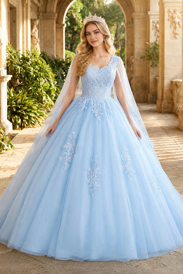Vedress light blue princess ballgown v neck lace cape prom dress front view vintage castle corridor