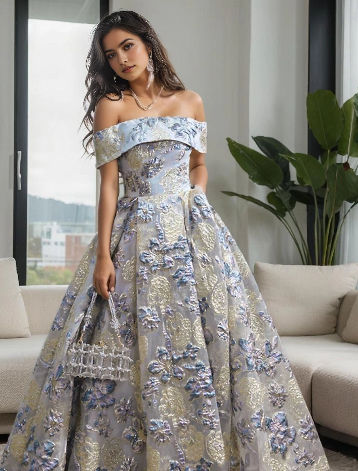 Vedress blue gold 3d floral off shoulder a line prom dress front view bright indoor living room