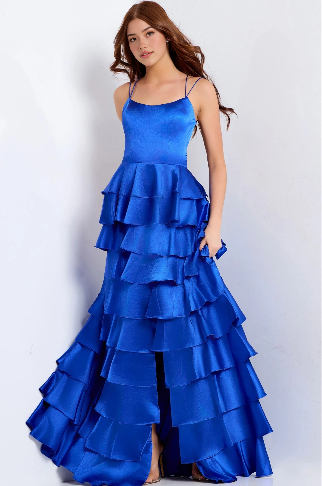 Glamoroso vestido de gala escalonado, escote redondo, tirantes finos, espalda con cordones, largo hasta el suelo, para baile de graduación