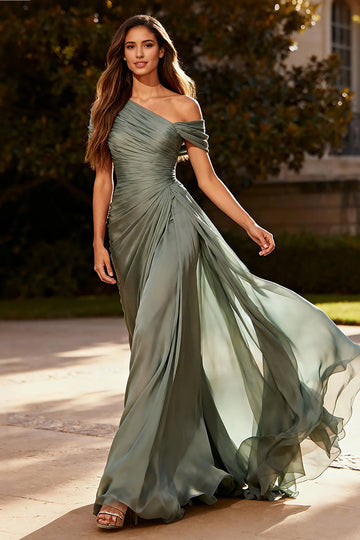Vedress sage green chiffon one shoulder maxi wedding guest dress manor outdoor shoot
