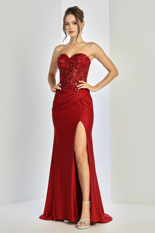 Strapless Sequin Embroidered Evening Gown Glitter Long Formal Pleated Slit Prom Dress with High Slit