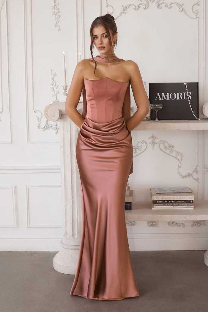 Strapless Corset Satin Mermaid Gown with Neck Scarf Drape & Ruched Waist