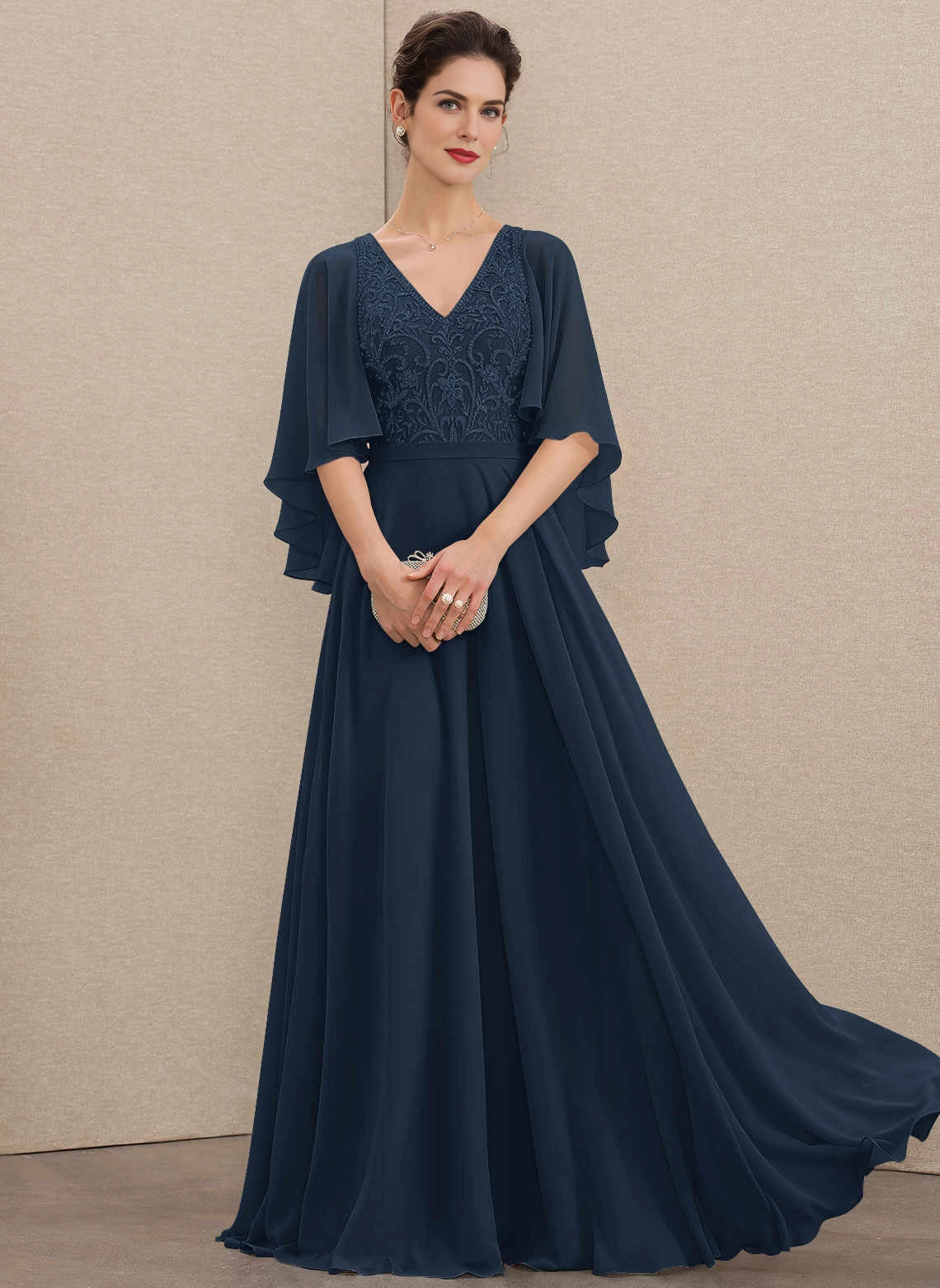 Flowy A‑Line V‑Neck Cape Sleeve Zipper Back Floor‑Length Mother Of The Bride Dress