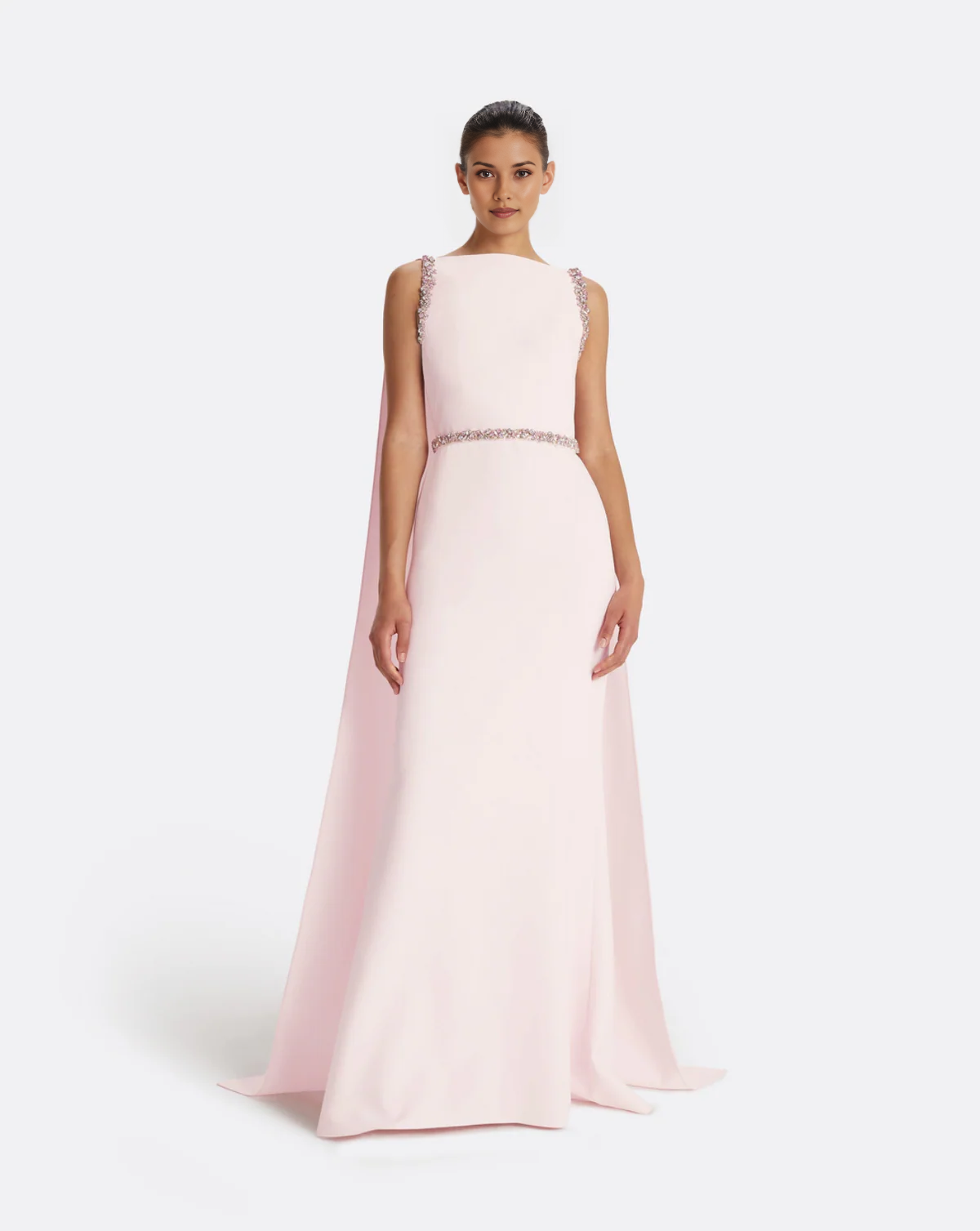 Bateau Neck Crystal Embellished Cape Sleeve Mermaid Evening Gown