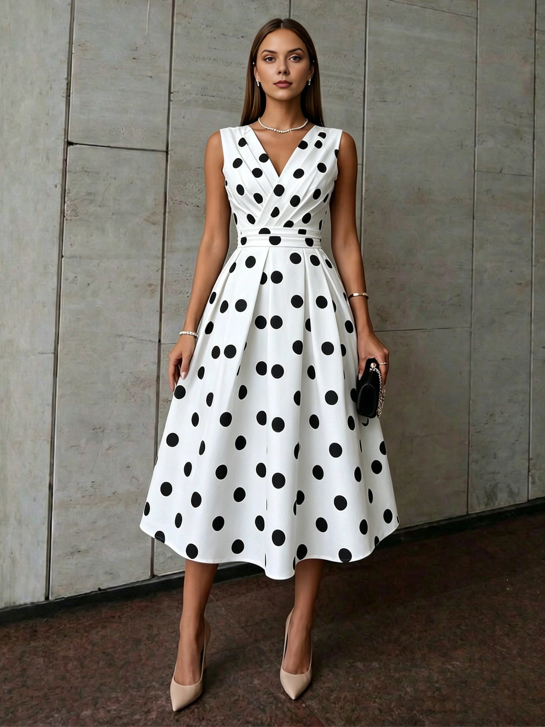 Classic A-Line V-Neck Sleeveless Zip-Back Polka-Dot Midi-Length Wedding Guest Dress