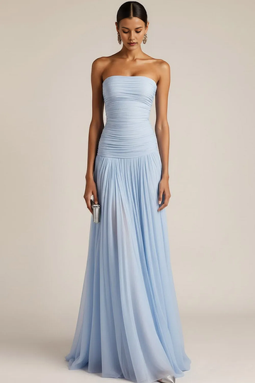 Strapless Ruched Bodice Chiffon A-Line Maxi Dress