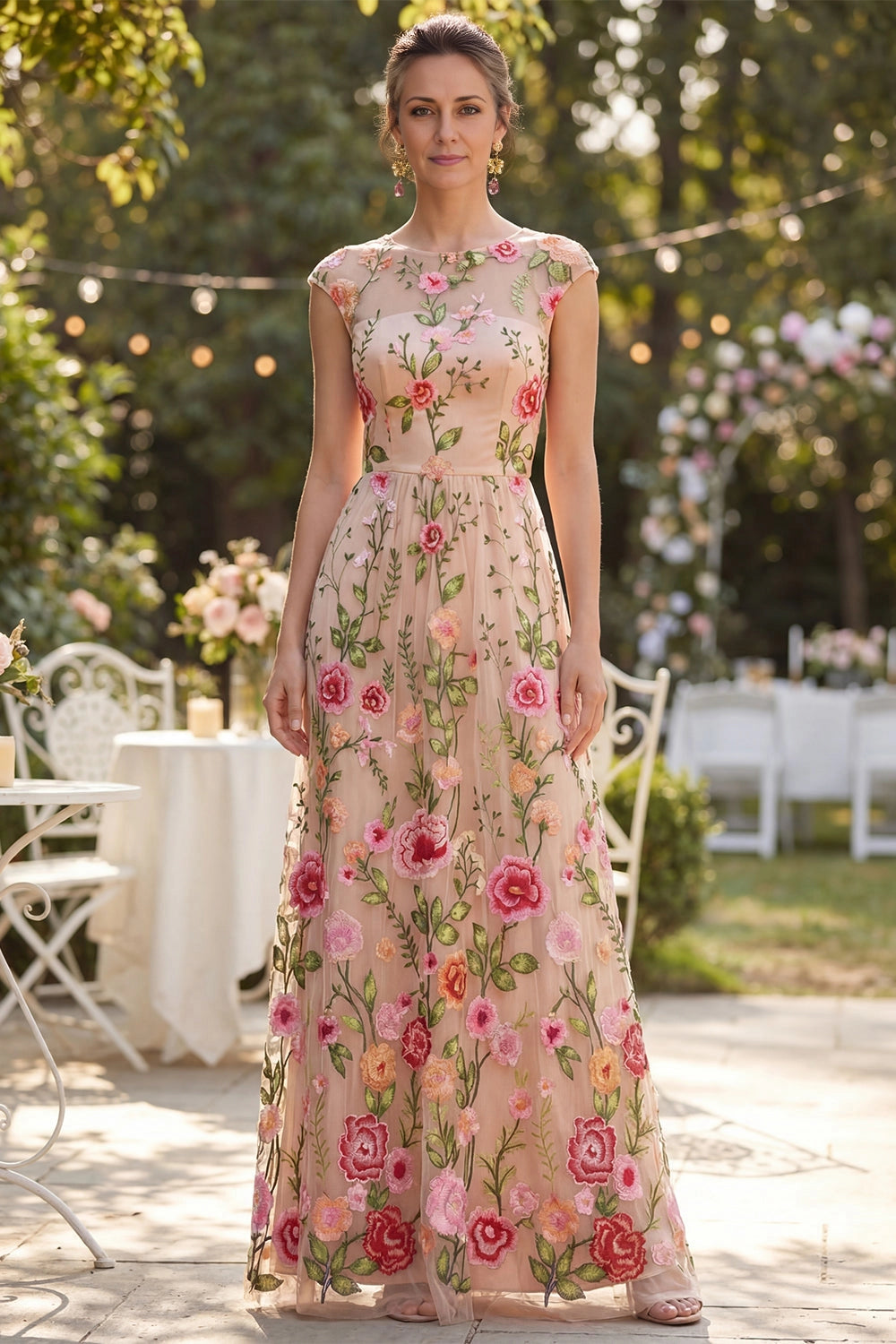 Vedress Floral Embroidery A Line Wedding Guest Dress Cap Sleeve Round Neck Garden Formal Gown