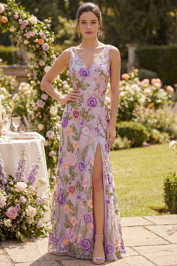 Vedress lavender 3D floral embroidered v neck mermaid maxi wedding guest dress front view with thigh slit