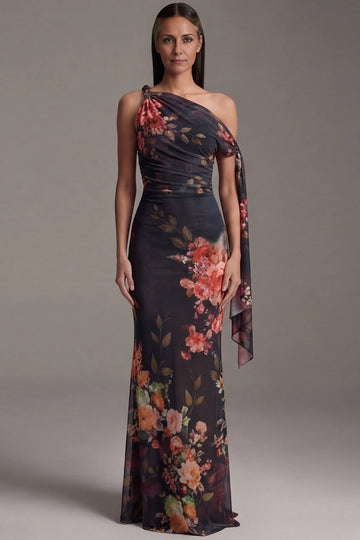 Vedress dark background vintage floral chiffon one shoulder tie mermaid maxi wedding guest dress front view