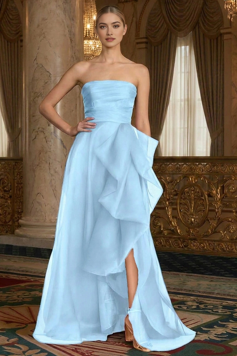 Chic A-Line Strapless Zip Back Slit Long Organza Prom Dress