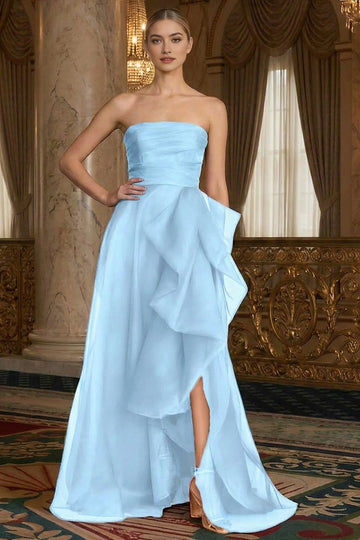 Chic A-Line Strapless Zip Back Slit Long Organza Prom Dress
