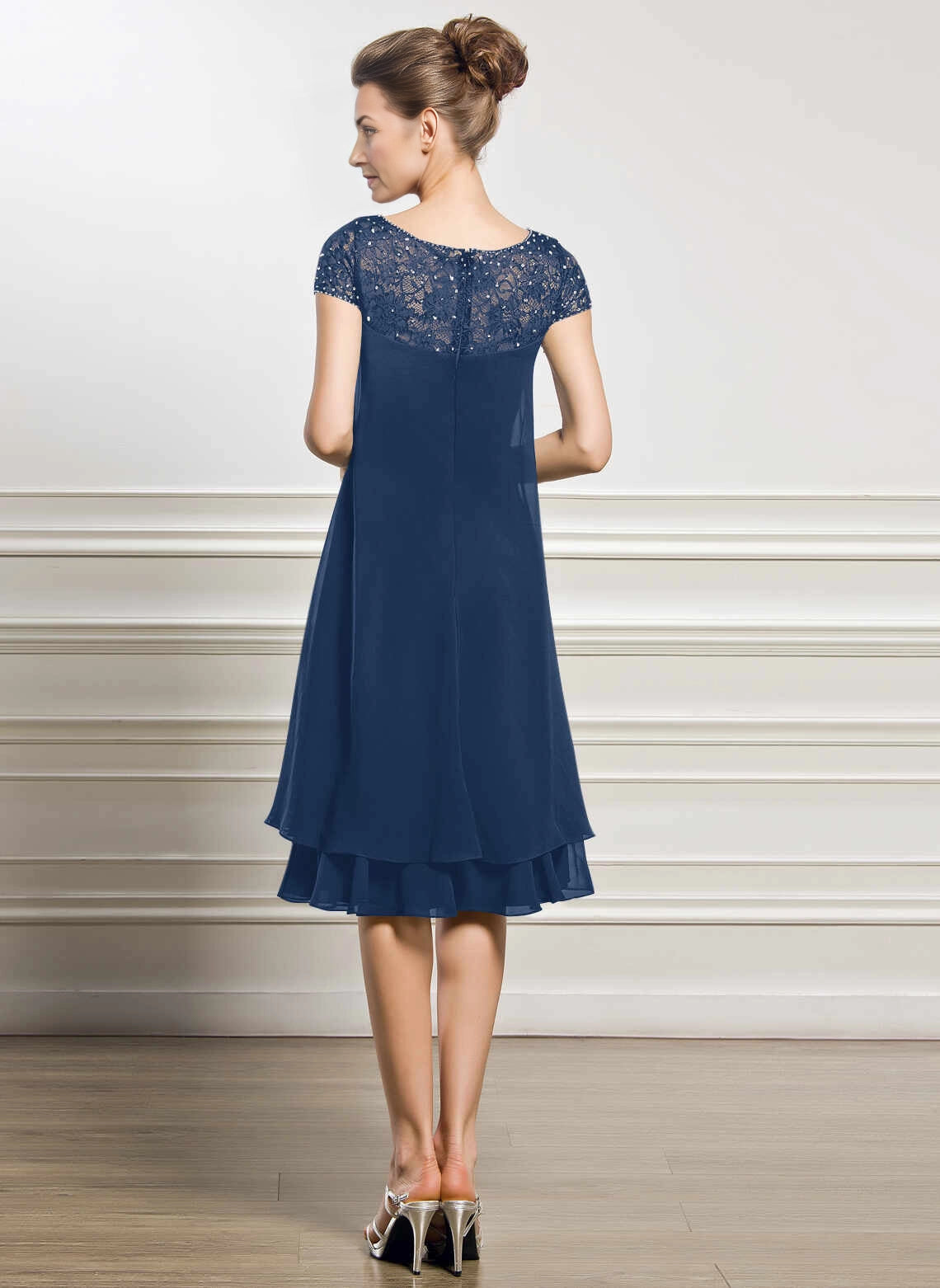 Vedress navy knee‑length mother of the bride dress,beaded lace cap sleeves,double chiffon skirt,illusion zip back