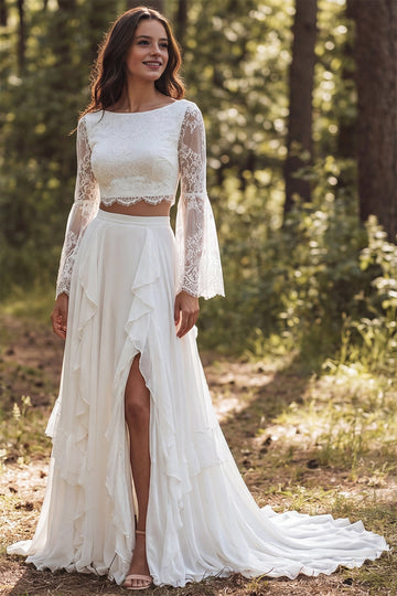 Vedress two piece lace boho wedding dress bateau bell sleeve ruffle skirt woodland forest