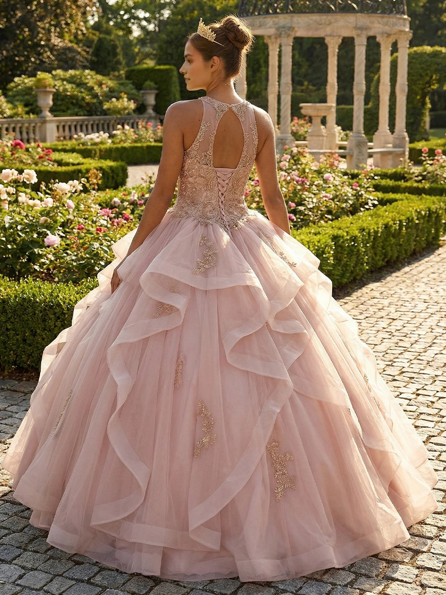 Vedress dusty pink quinceanera dress halter keyhole lace-up corset back gold embroidery ruffle tulle ballgown back view