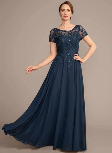 Elegant A‑Line Bateau Short Sleeve Illusion Back Long Mother Of The Bride Dress