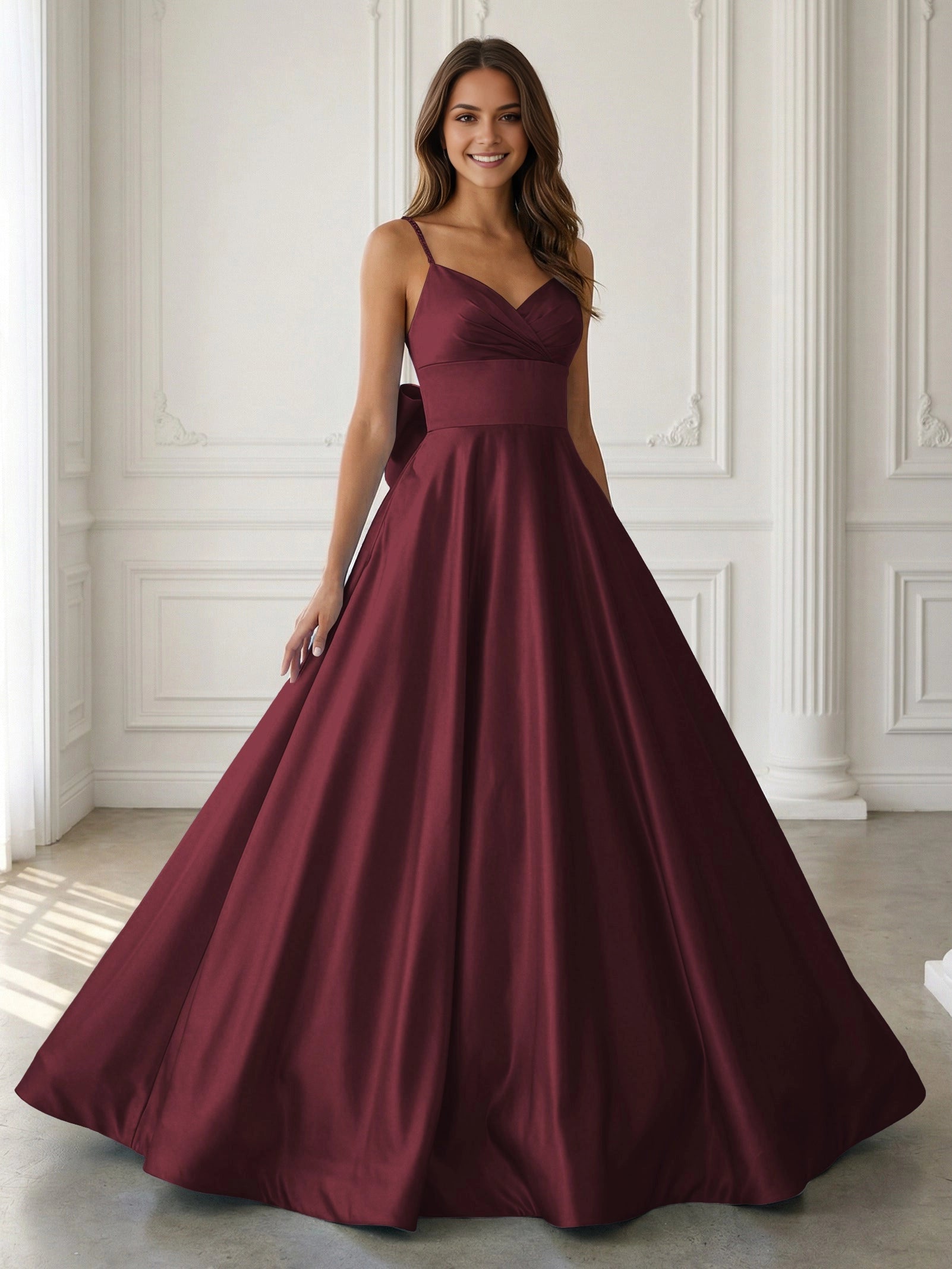 Elegant A‑Line V‑Neck Beaded‑Strap Sleeveless Bow‑Back Floor‑Length Prom Dress
