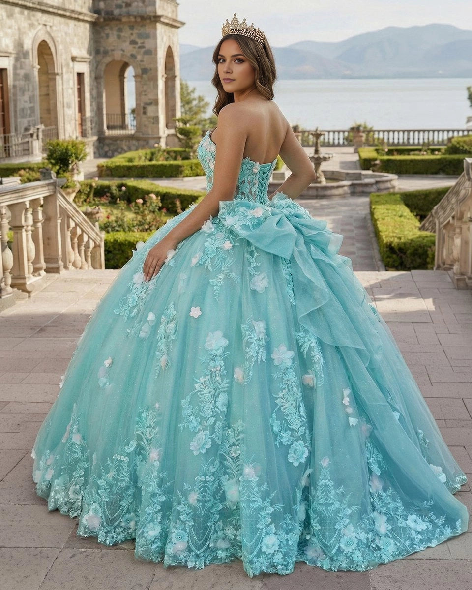 Vedress turquoise quinceañera dress lace-up corset back with large matching bow 3D flowers back view