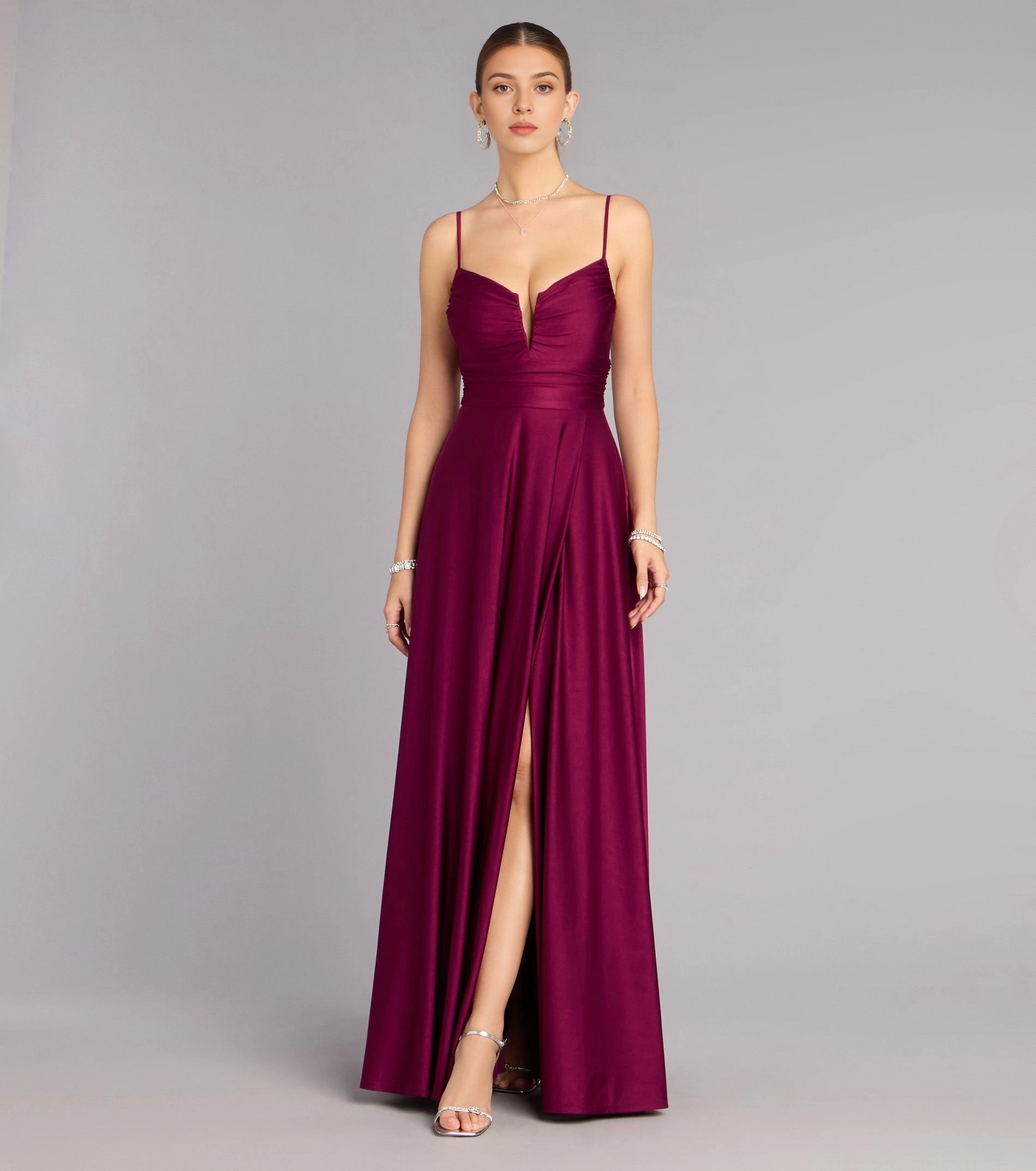Vedress burgundy stretch long prom gown sweetheart spaghetti strap wrap front slit front view