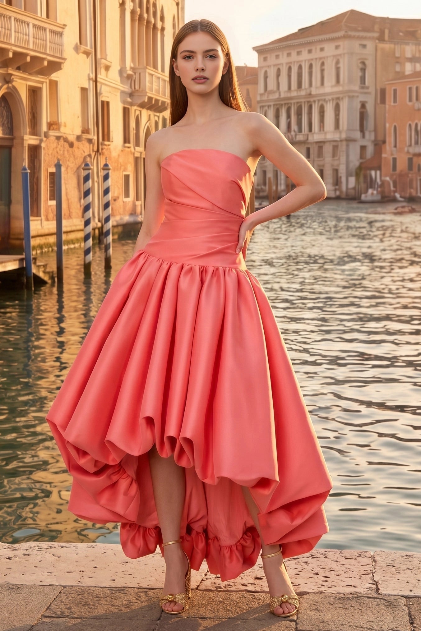 Vedress coral strapless satin high‑low ruffled hem prom formal dress outdoor photoshoot