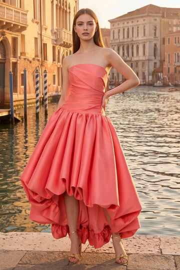 Vedress coral strapless satin high‑low ruffled hem prom formal dress outdoor photoshoot