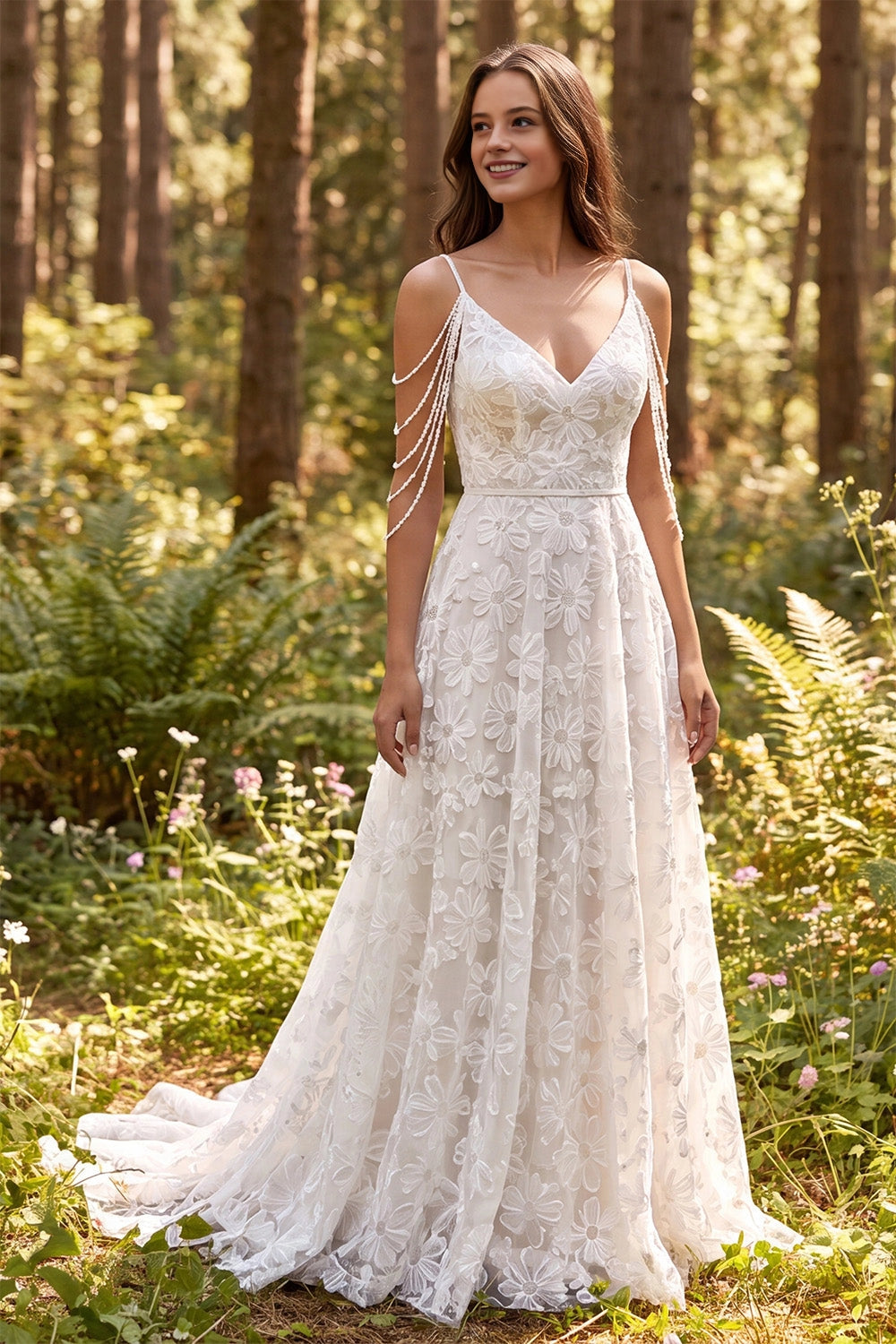 Vedress 3D daisy lace a-line wedding dress deep v beaded fringe straps woodland forest bridal gown