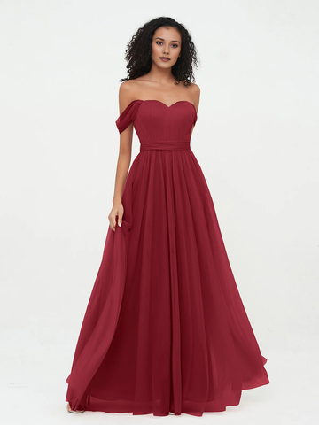 Off Shoulder Sweetheart Neck Bow Back Waist Belt Tulle A-Line Floor Length Bridesmaid Evening Maxi Dress