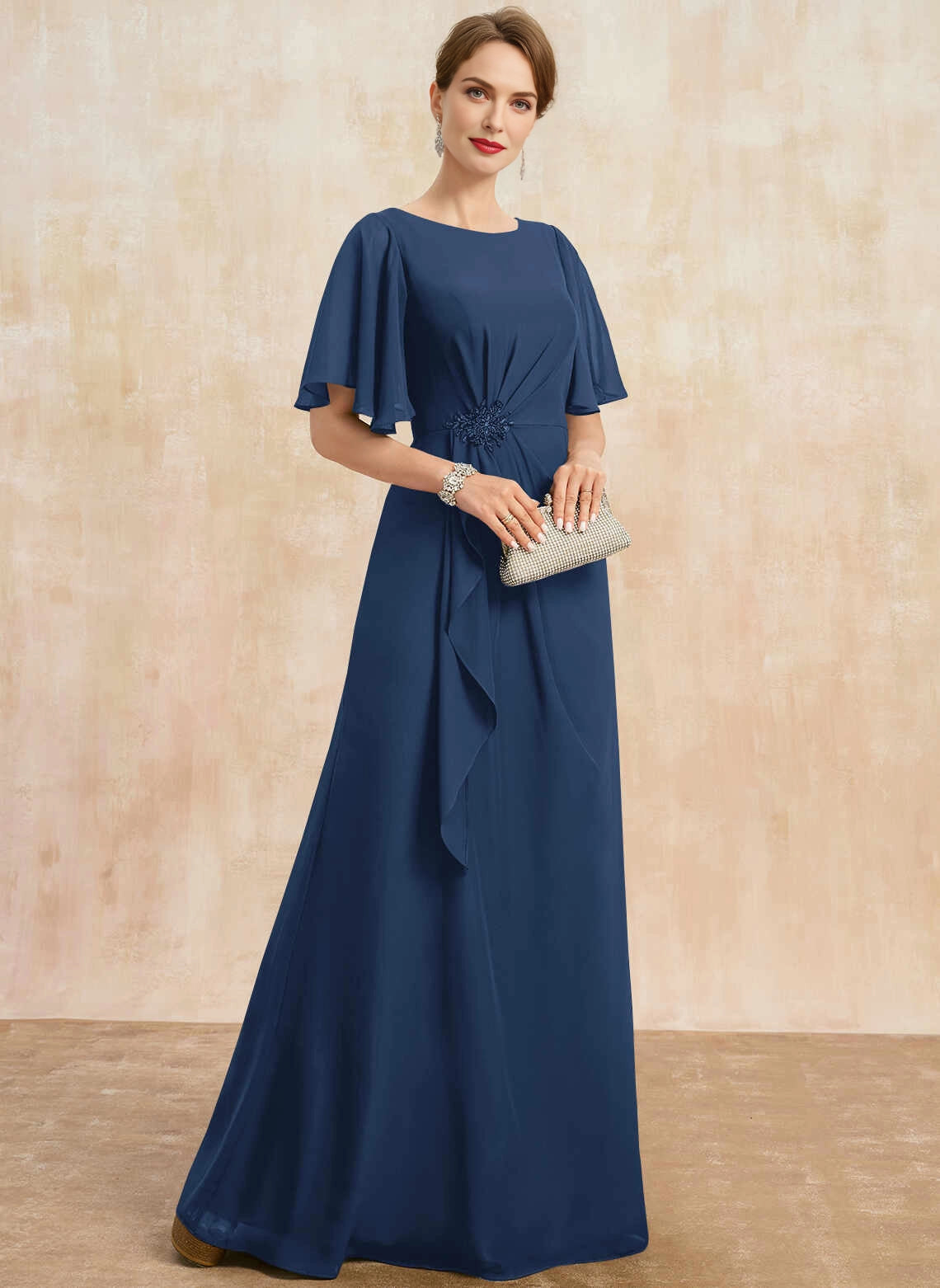 Elegant Sheath Round Neck Flutter Sleeve Zipper Back Floor‑Length Mother Of The Bride Dress