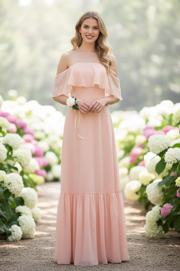 Elegant Tiered A-Line Chiffon Off-The-Shoulder Short Sleeve Open Back Bridesmaid Dresses
