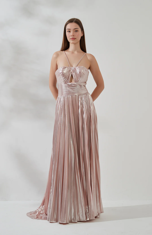 A-Line Spaghetti Strap Sleeveless Open Back Court Train Evening Gown With Pleated Side Slit