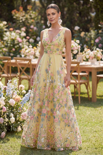 Vedress yellow floral embroidery v-neck maxi wedding guest dress garden outdoor shoot