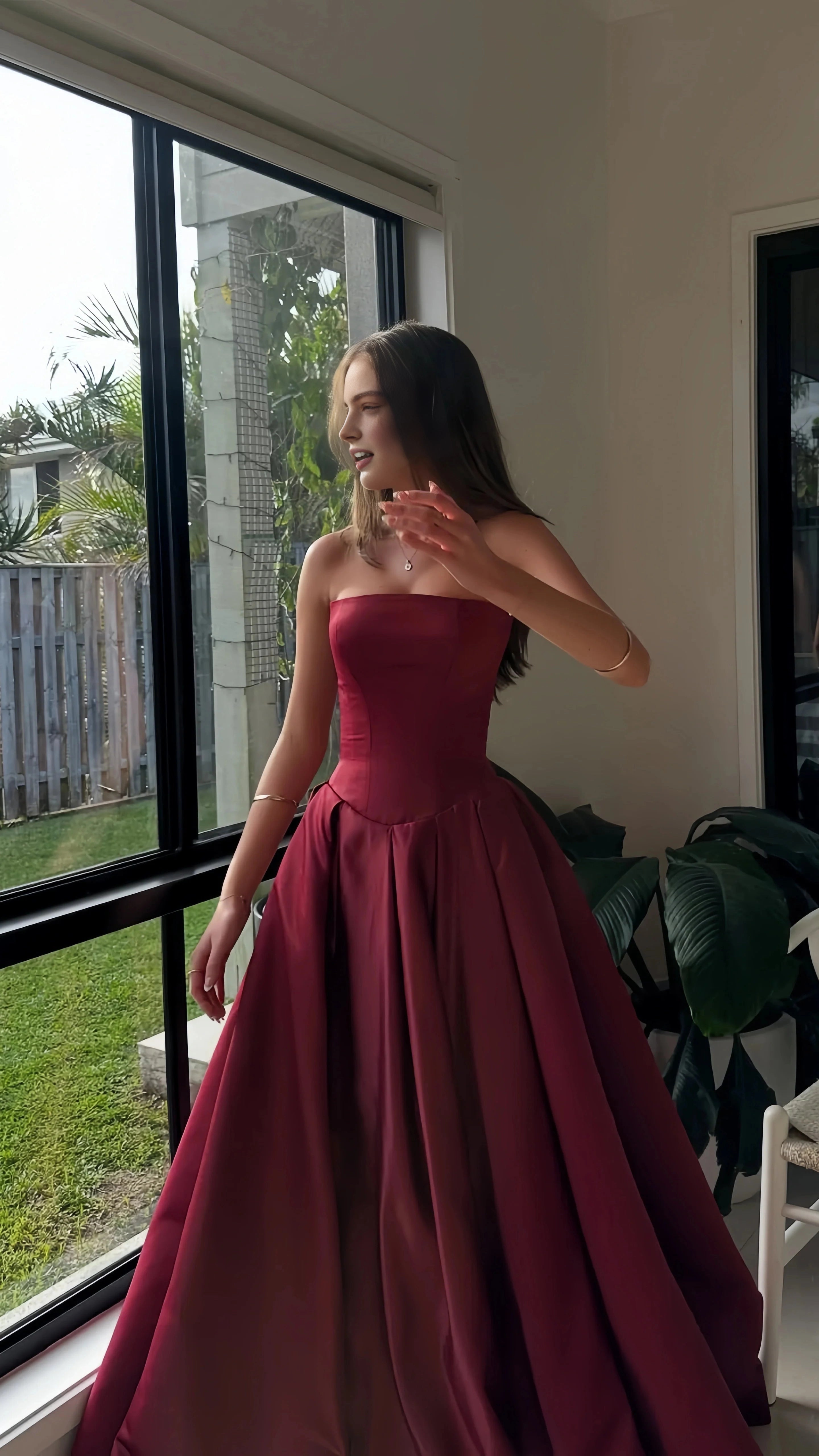 Vedress wine‑red satin strapless a‑line floor‑length formal prom dress